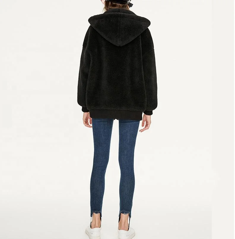 Teddy Coat Women′s Wool Zipper Jacket Sweatshirt Hooded Long Women′s Cashmere Coat