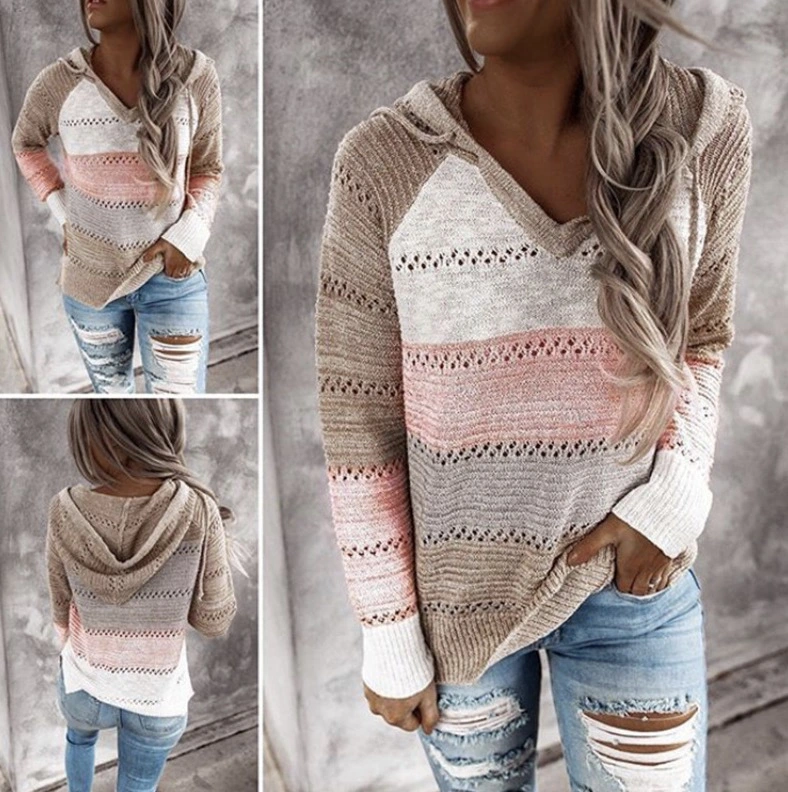 a Large Number of Stock Color and Size of Explosive Sweater Women′s V-Neck Hooded Knitwear